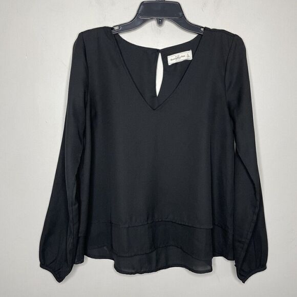 ABERCROMBIE & FITCH Top Womens Small Black V-Neck Popover Blouse Layered Relaxed - Picture 1 of 8